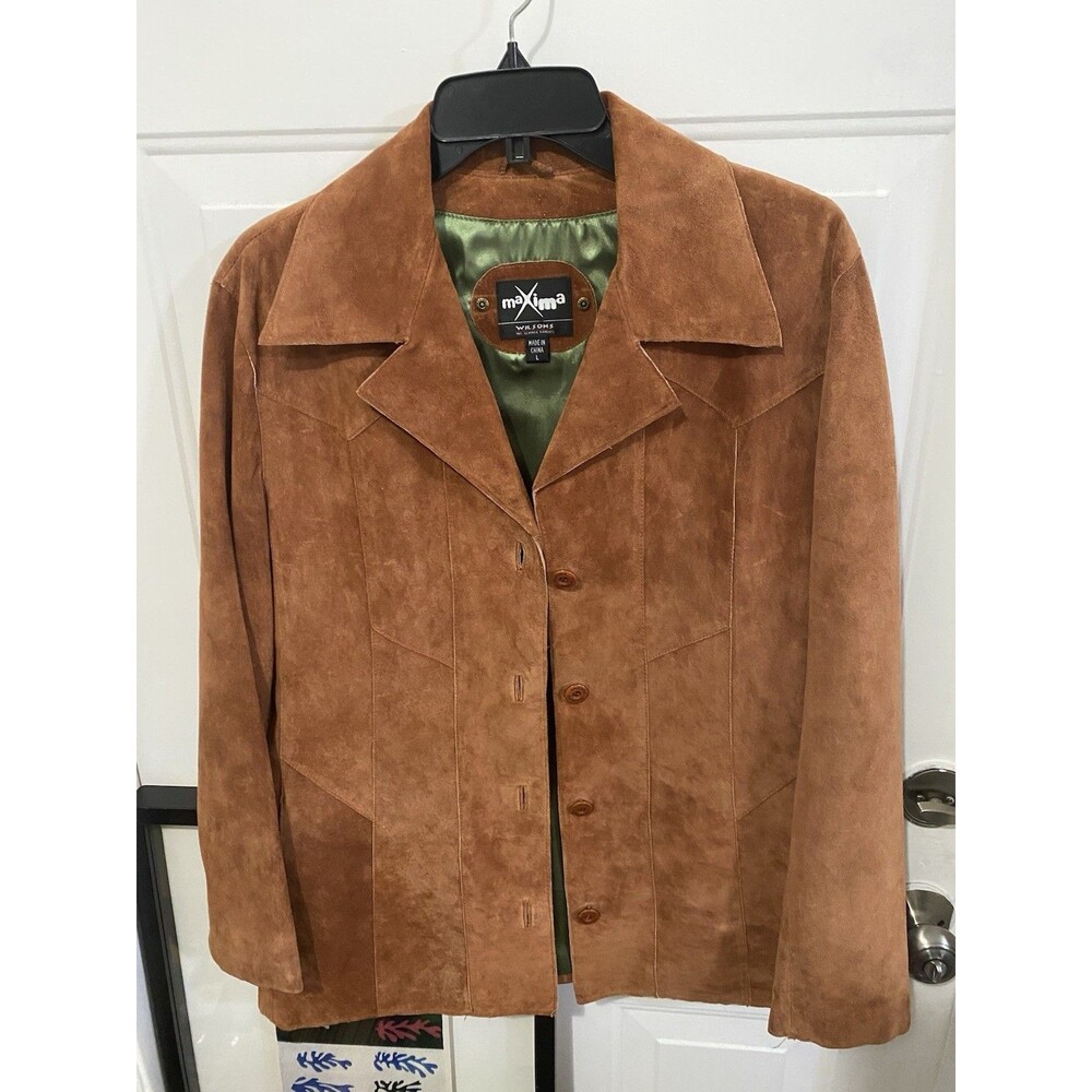 Maxima Wilsons Brown Suede Leather Button Front Lined Point Collar Jacket L